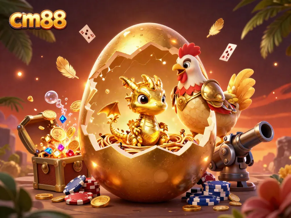 Engage with cm88's thrilling games featuring a golden dragon and poker chips in a rich, vibrant scene.