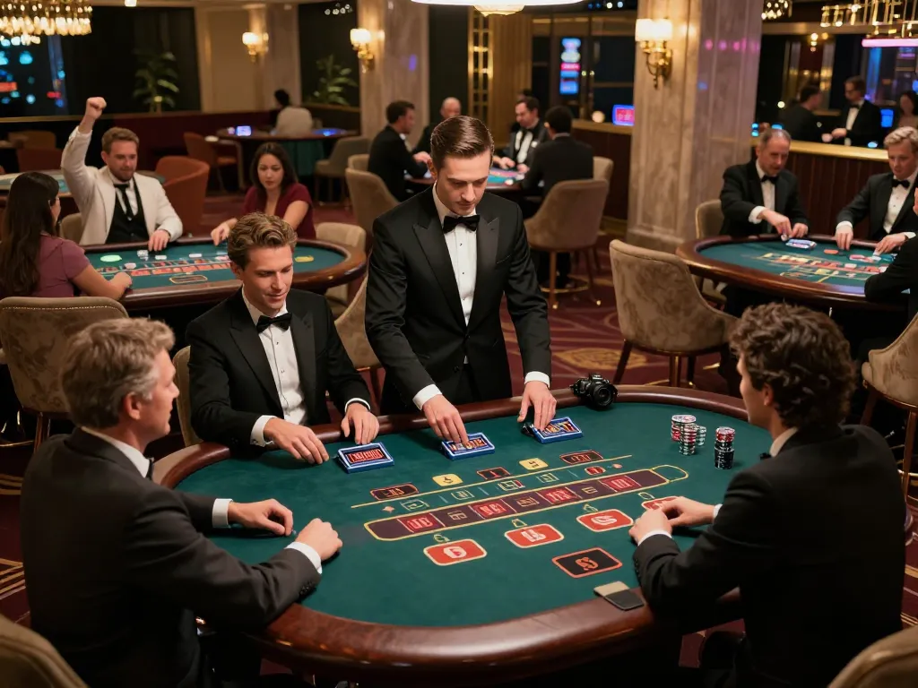 Players enjoying thrilling games at king33 live casino, with dealers managing bets and vibrant atmosphere