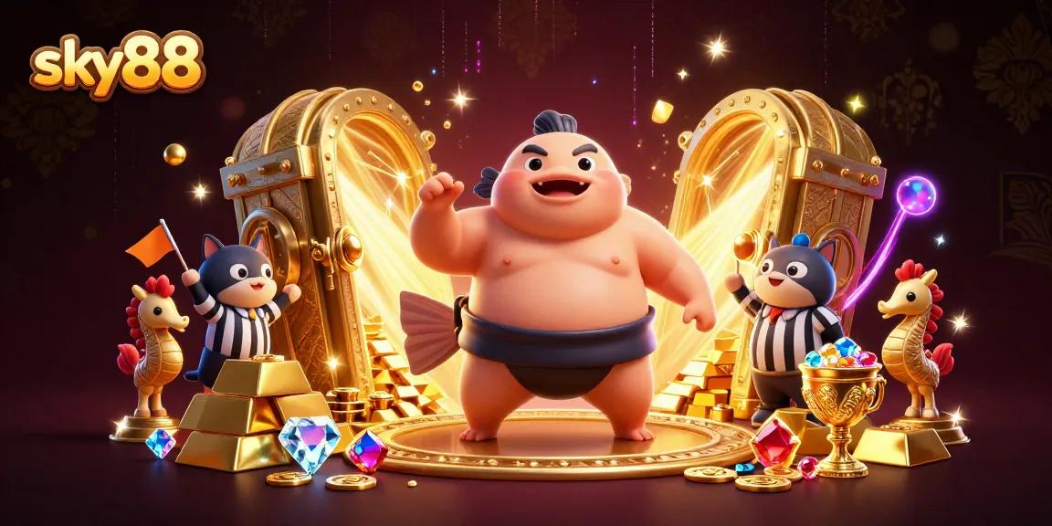 Experience the thrill of sky88 with dynamic casino elements in a rich, animated 3D scene featuring vibrant characters.