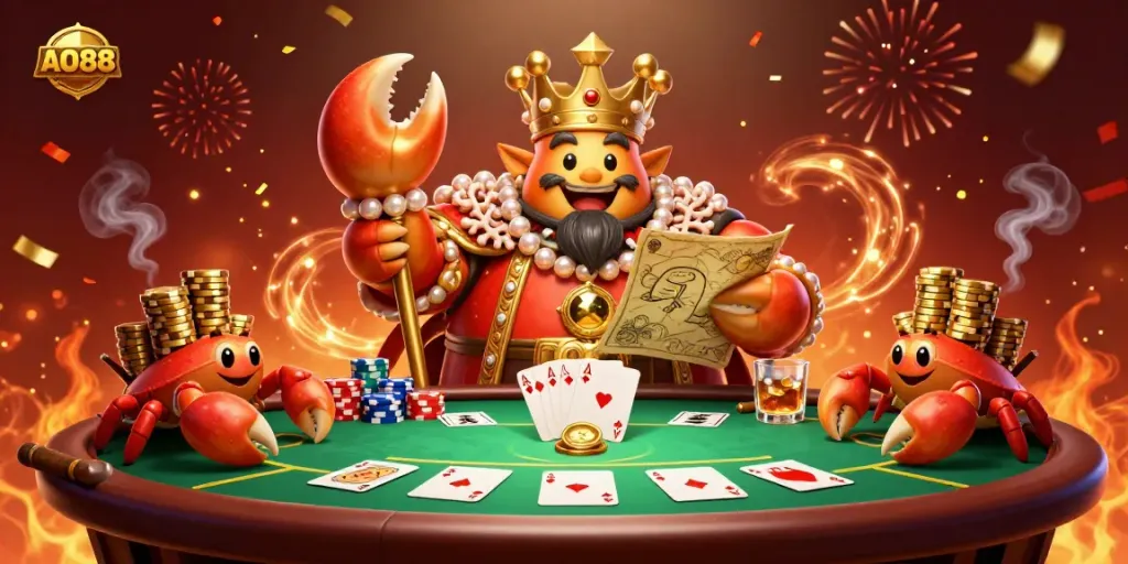 Experience the exhilarating adventures at AO88 with a royal crab emperor leading a vibrant poker table scene.