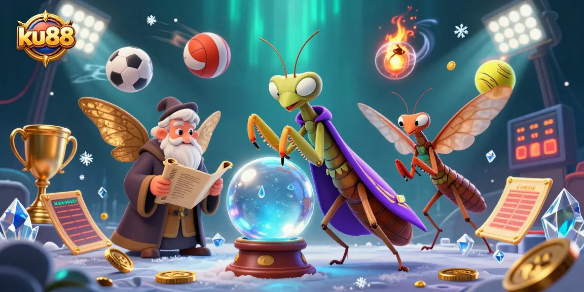 ku88 showcases a dynamic scene with a fortune teller and sports elements, emphasizing gambling excitement.