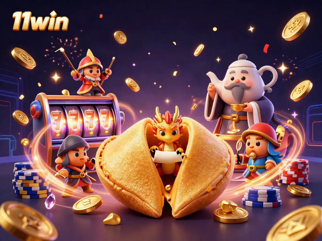 Engage with 11win's vibrant scene featuring animated casino elements like gold coins, slot reels, and a wise dragon.