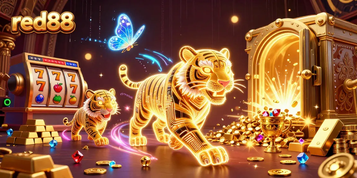 Engage with red88's dynamic casino world featuring a neon tiger and dazzling treasures.