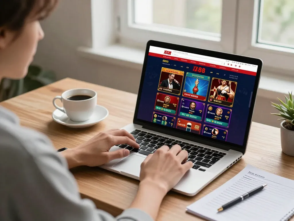 Player engaging with the XX88 online casino interface, surrounded by strategy notes and a warm atmosphere.