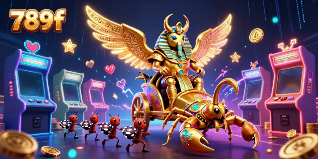 Experience the vibrant world of 789f with a dynamic casino-themed 3D illustration featuring golden characters and gaming elements.