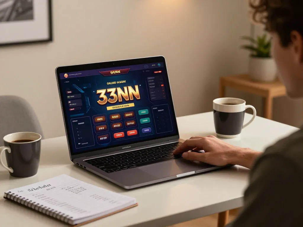 Player enjoying 33nn gaming experience on a laptop in a cozy home setup with stylish decor.