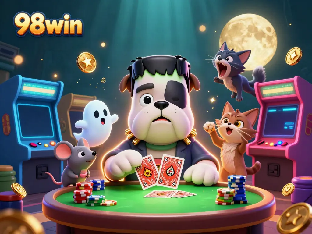 Experience thrilling gameplay at 98win with card-dealing characters in a vibrant casino scene.