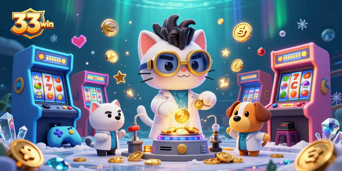 Spin the reels and win with 33win's vibrant casino adventures in a 3D illustrated scene.