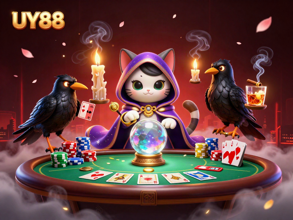 Engage in thrilling poker action with UY88 amidst a mystic themed casino scene