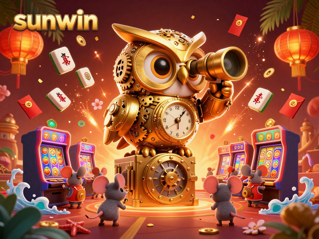 Engage with sunwin's vibrant casino scene showcasing a golden owl and lively slots action.