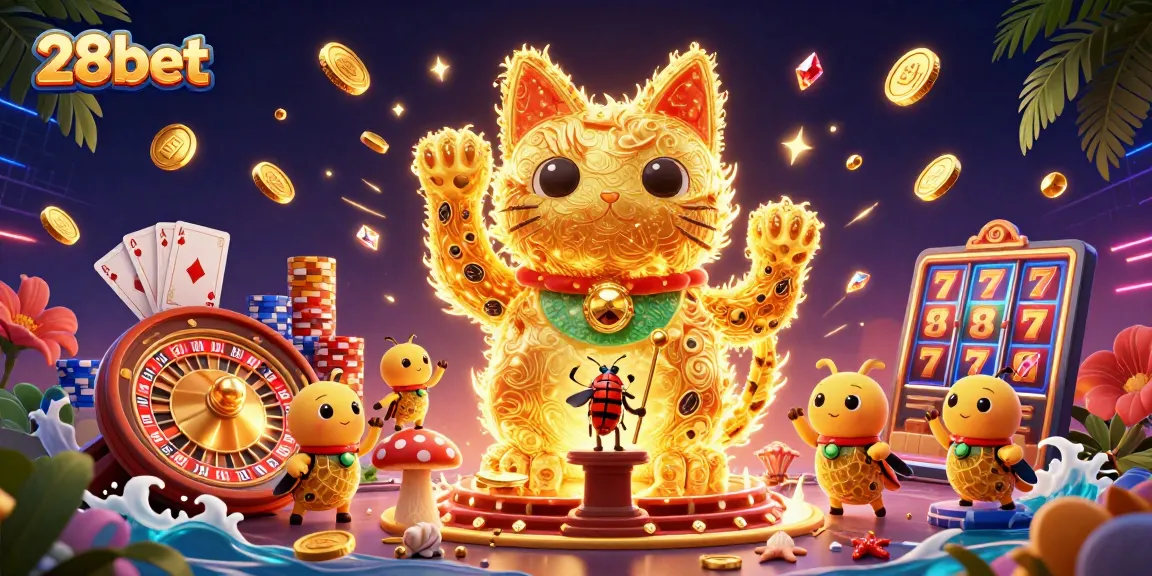 Experience 28bet's vibrant casino world with a lucky cat and dynamic gaming elements.