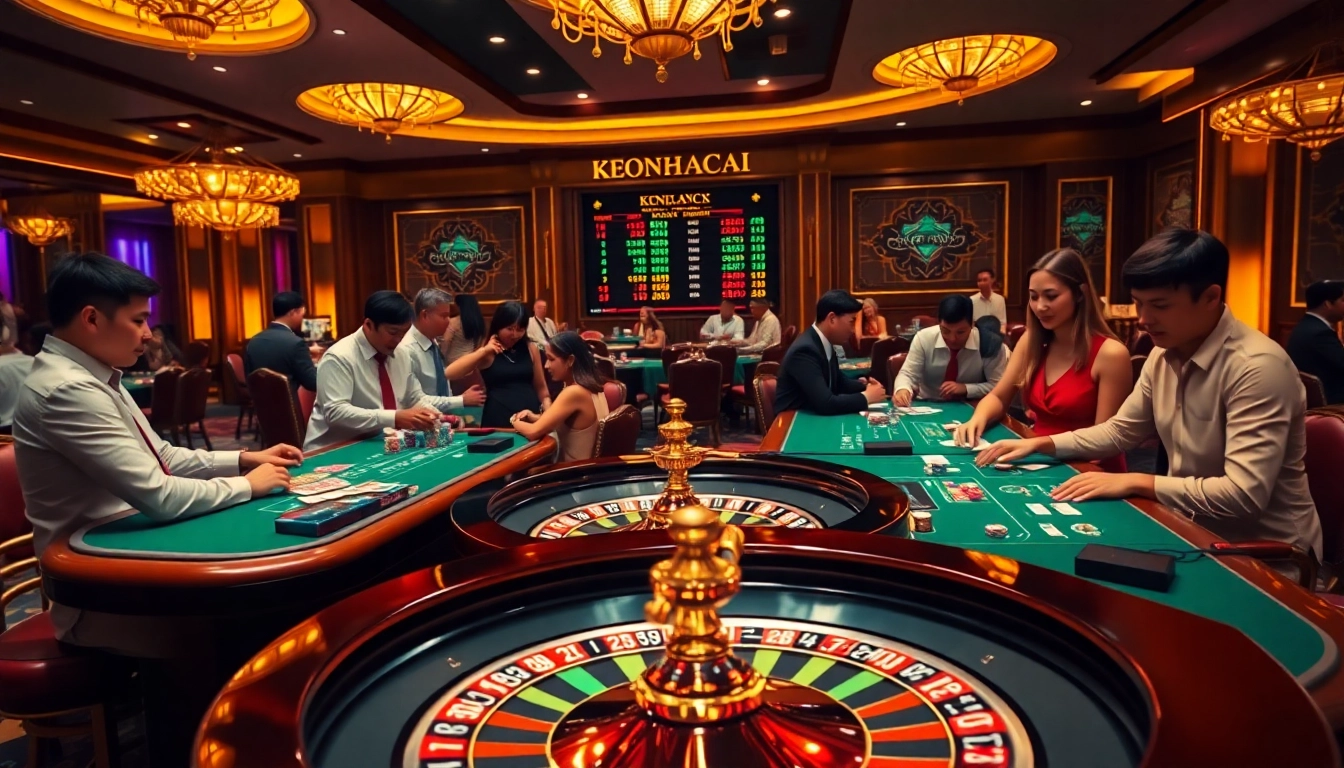 Engaging casino scene showcasing KEONHACAI-themed betting action with players and vibrant roulette wheel.