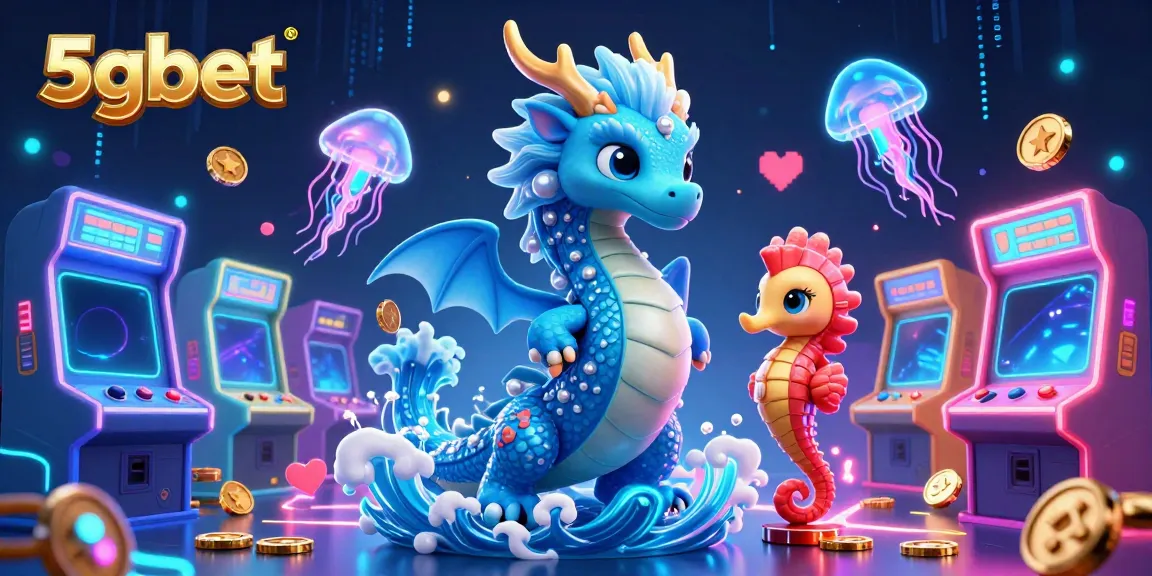 Experience the thrill of 5gbet with a vibrant 3D casino scene featuring a water dragon and arcade elements.