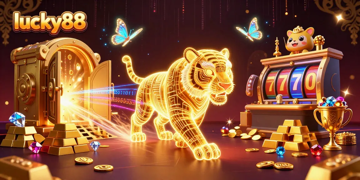 Experience thrilling casino excitement at lucky88 with a neon-wireframe tiger amidst stunning treasures and slot elements.