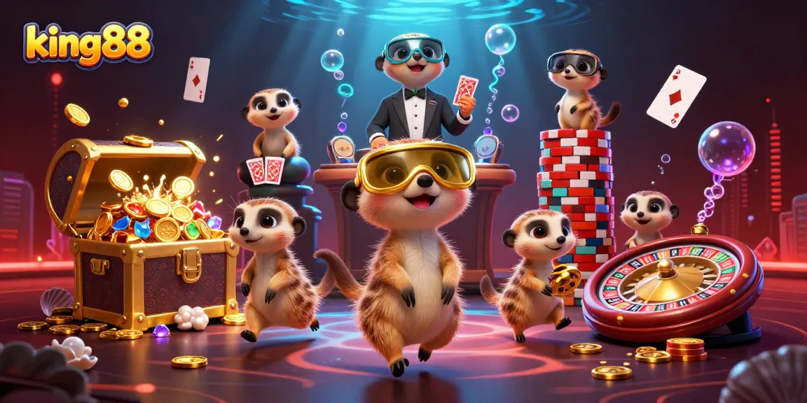 Experience king88 excitement with meerkats running a vibrant casino operation in this dynamic underwater scene.