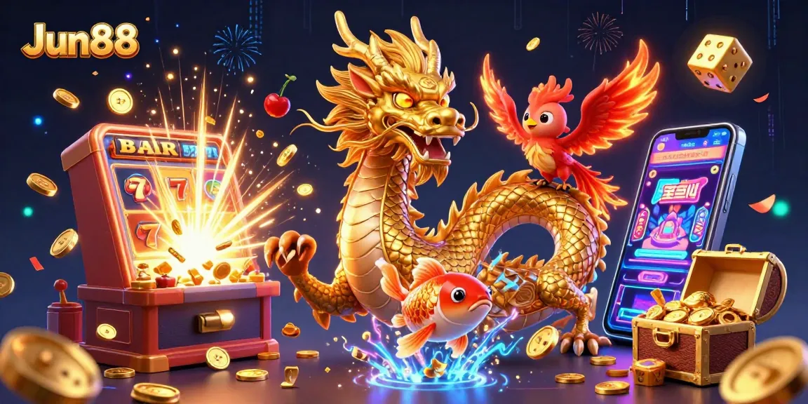 Experience thrilling wins at Jun88, featuring a golden dragon and vibrant casino elements.