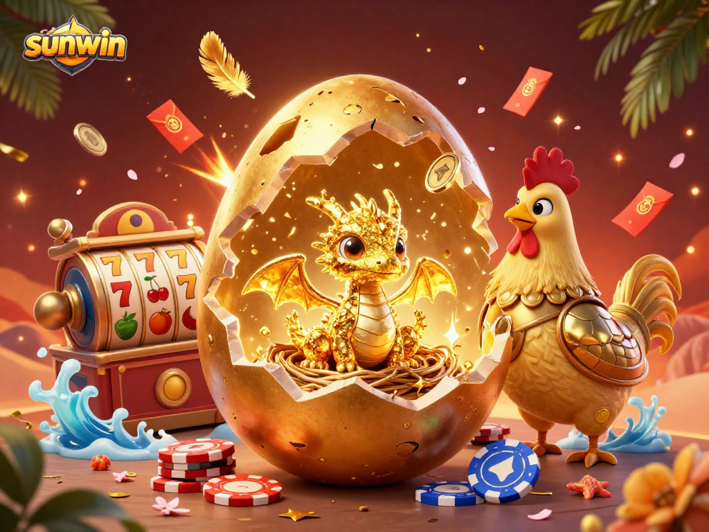 Experience captivating gaming adventures with sunwin's stunning golden dragon, poker chips, and slot reels.