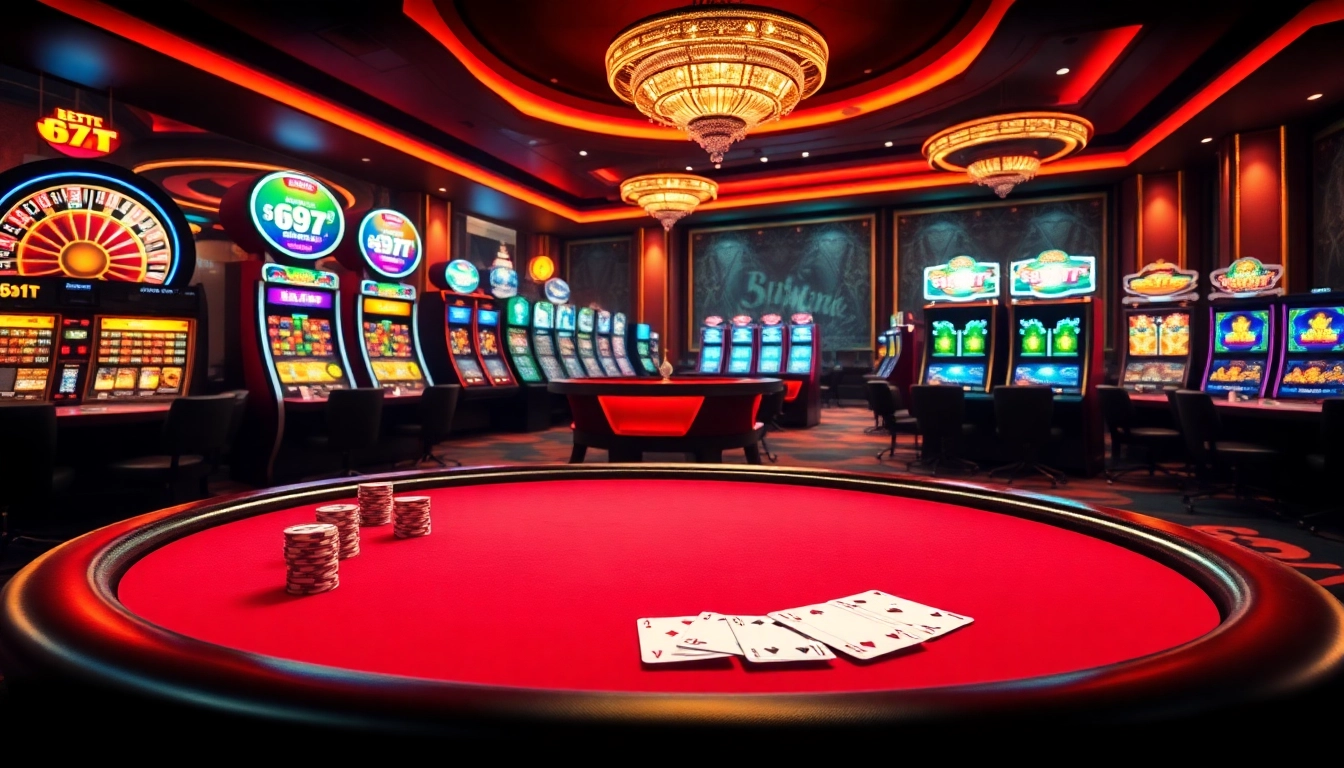 A cena vibrante do cassino apresentando poker de luxo e jogos de altas apostas, refletindo os marcos da 69T.