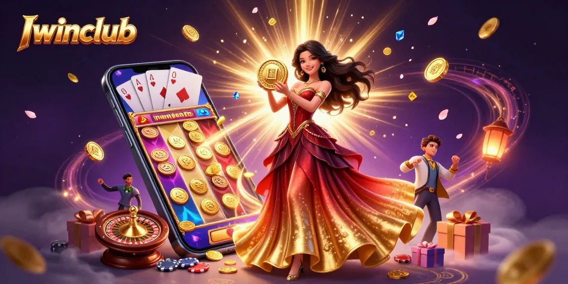 Iwinclub showcases an artistically rendered scene featuring a beautiful Asian woman with a golden coin, surrounded by dynamic gambling elements.