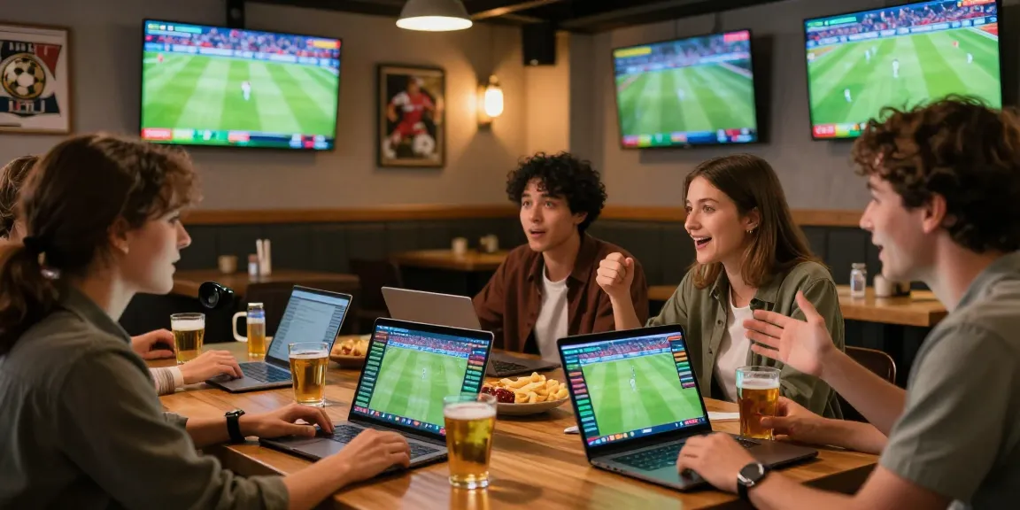 Sociable football fans analyzing betting strategies while enjoying the match, nhan dinh keo nha cai in focus amidst lively sports bar ambiance.