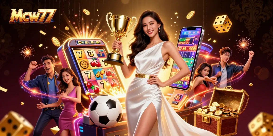 Bet on Mcw77 with a victorious Asian woman celebrating winnings amidst casino excitement.
