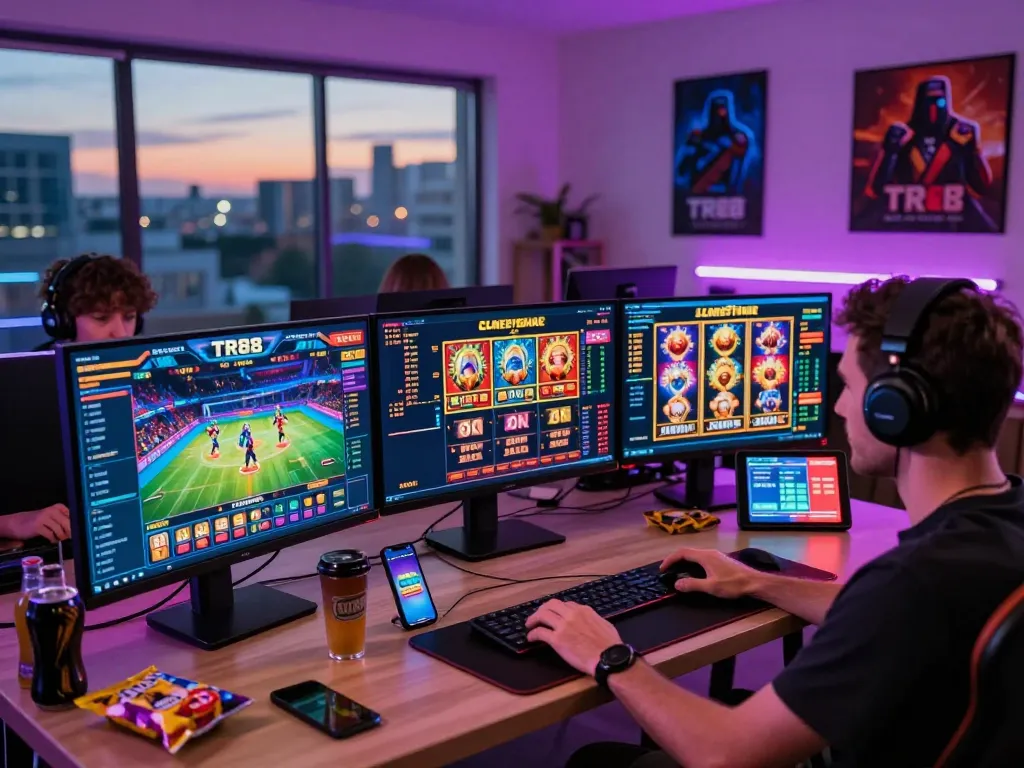 Player enjoying TR88's vibrant online casino games on multi-screen setup.
