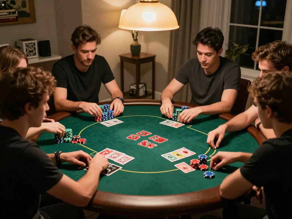 Players enjoy a friendly poker night at home with Jun88 strategies for better gameplay.