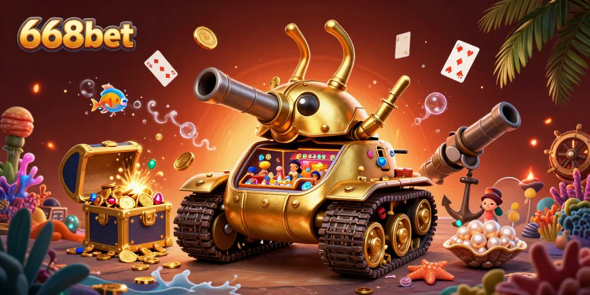 Engage with 668bet's vibrant casino experience featuring a golden beetle tank, games, and treasures.