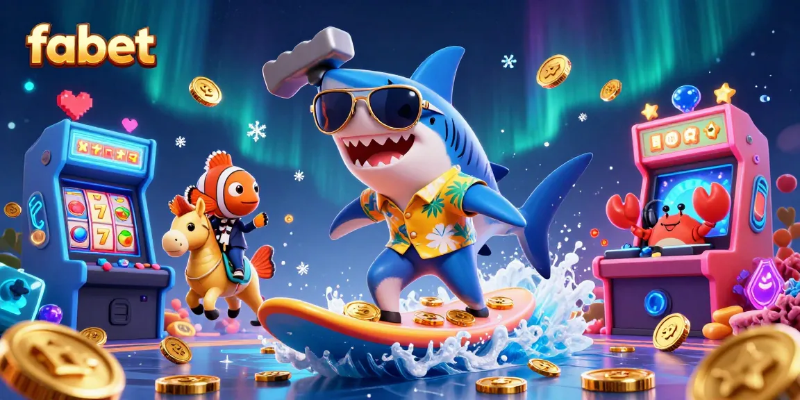 Surf thrilling slots at fabet with a vibrant shark, clownfish, and crab DJ illustration.
