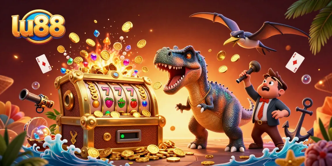 lu88 jackpot scene with dinosaurs celebrating a win at the casino, dynamic and colorful illustration