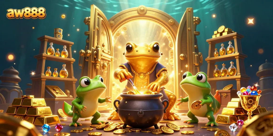 Engage in exciting gaming at aw888 with golden treasures from a whimsical casino scene.