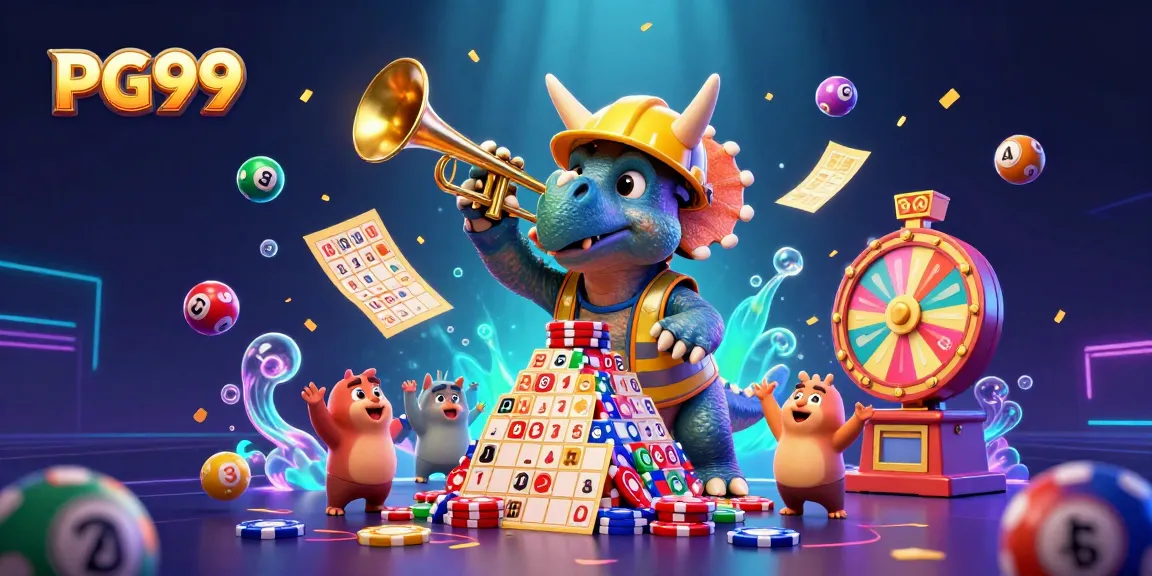 Engage with PG99's exciting gambling scene as a triceratops builds poker chips amidst celebratory elements.
