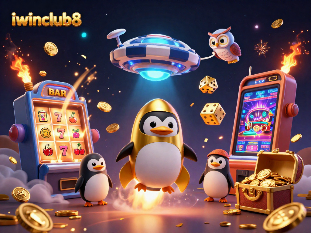 Experience the thrill of iwinclub8 with a vibrant 3D scene featuring a golden penguin and a jackpot explosion.