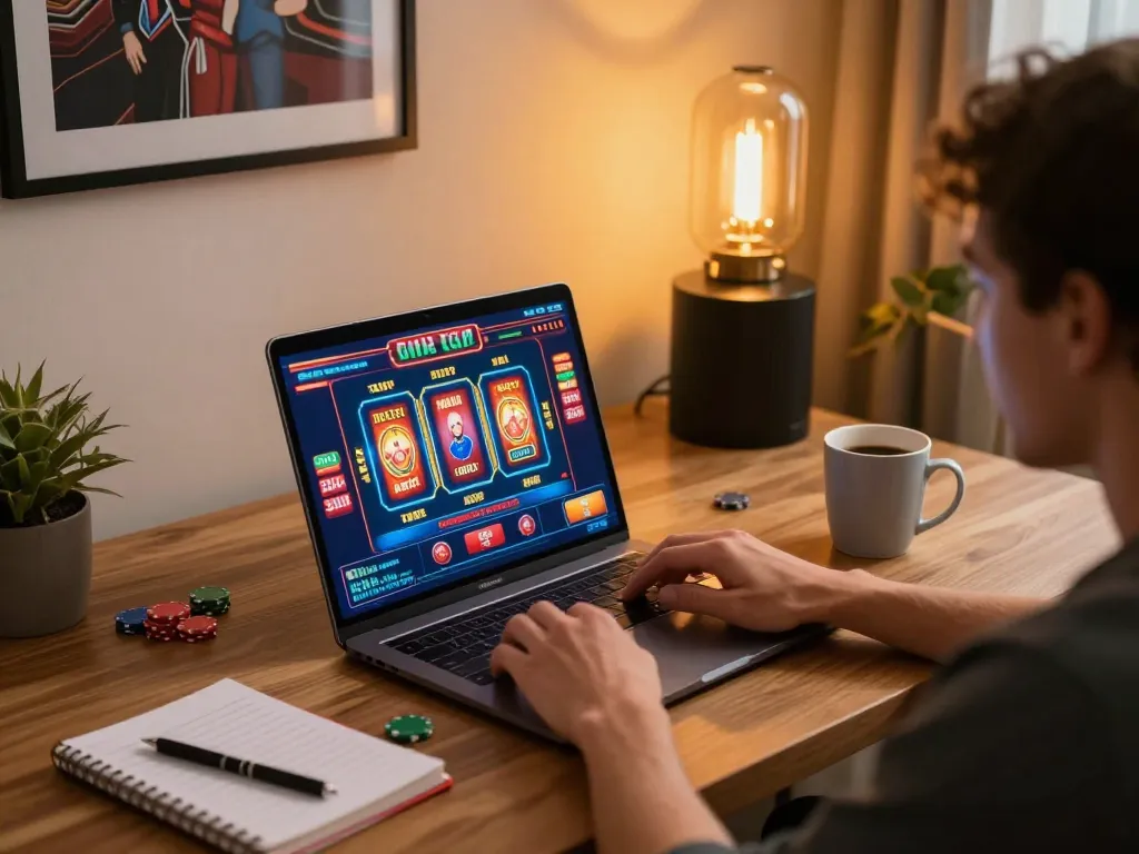 27G player focusing on online casino games with strategic betting notes in cozy home setting