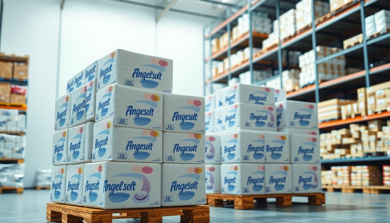 Showcase of Angel Soft Toilet Paper Pallets stacked in a clean warehouse for efficient storage.