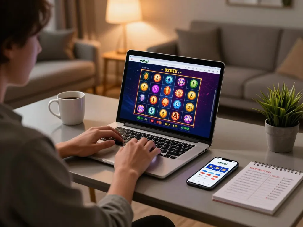 Engaged player using oxbet platform on laptop for online slots with cozy home setup and strategy notes.