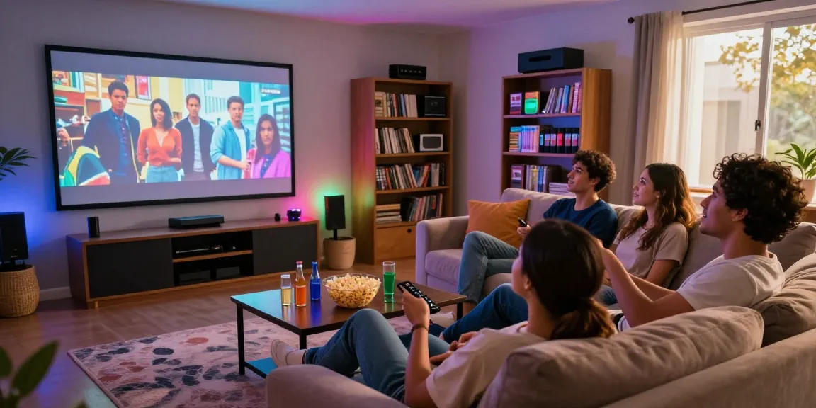 Grupo de amigos assistindo ao melhor do entretenimento com bestbraziliptv em casa.