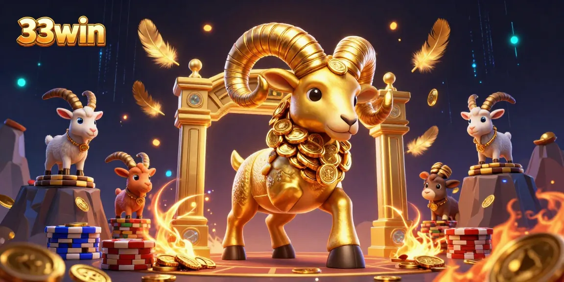 Engage with 33win's vibrant casino scene featuring a golden ram charging through a dazzling gaming arena.