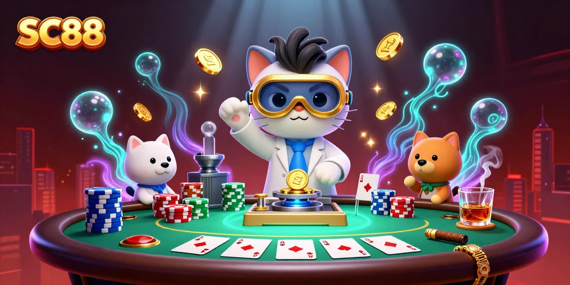 Engage with SC88’s vibrant poker scene featuring a mad scientist cat and loyal dog.