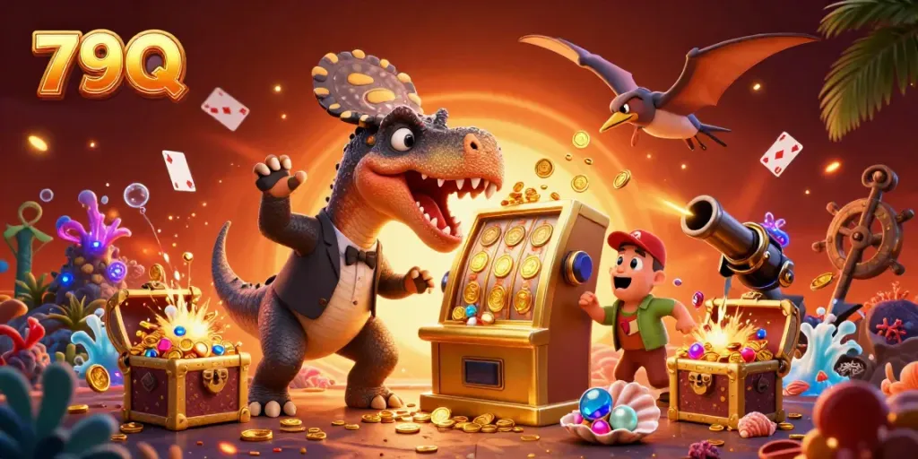 79Q showcases a thrilling slot machine jackpot scene with dynamic dinosaur characters in action.