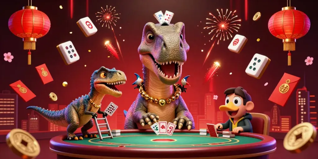 Experience the excitement of Trang chủ 36win with a vibrant 3D casino scene featuring a towering dinosaur and dynamic card dealing.