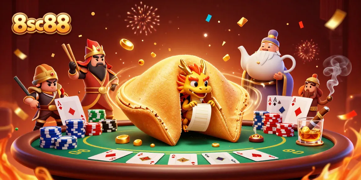 8sc88 fortune cookie and dragon revealing secrets of winning strategies at the poker table.