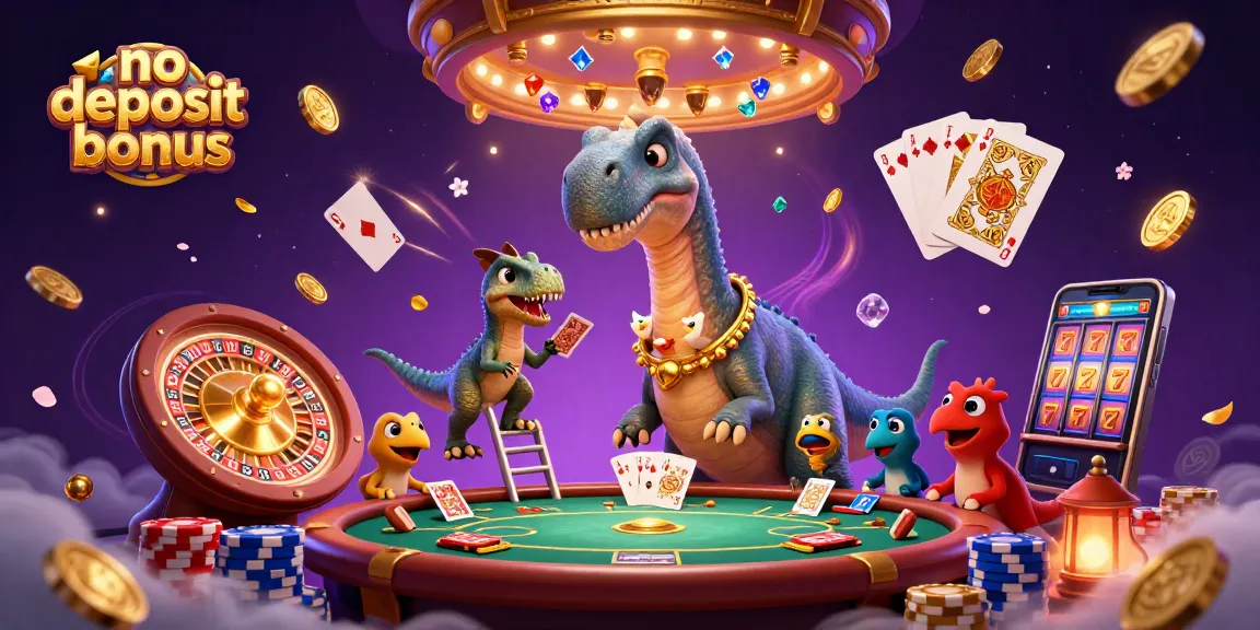 Experience thrilling no deposit bonus offers with a cartoon brontosaurus and clever raptor amidst a vibrant casino setting.