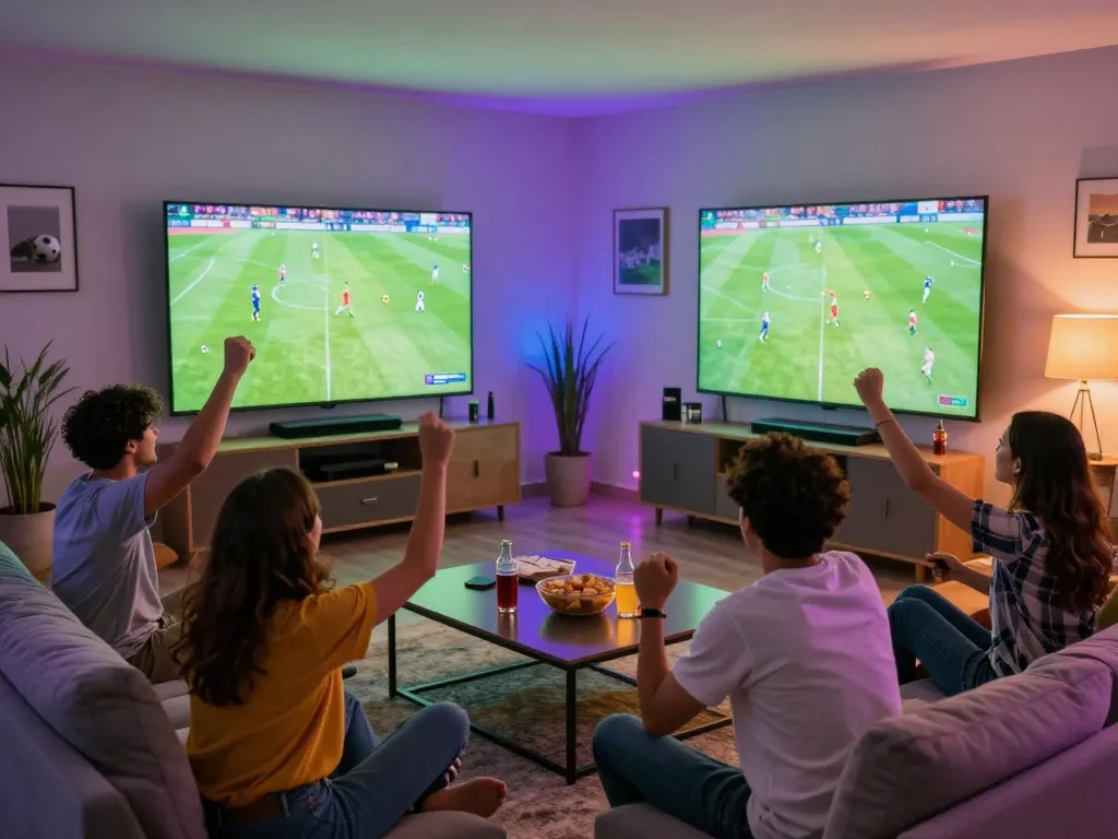 Socolive fans excitedly watching a live soccer match together in a vibrant living room atmosphere