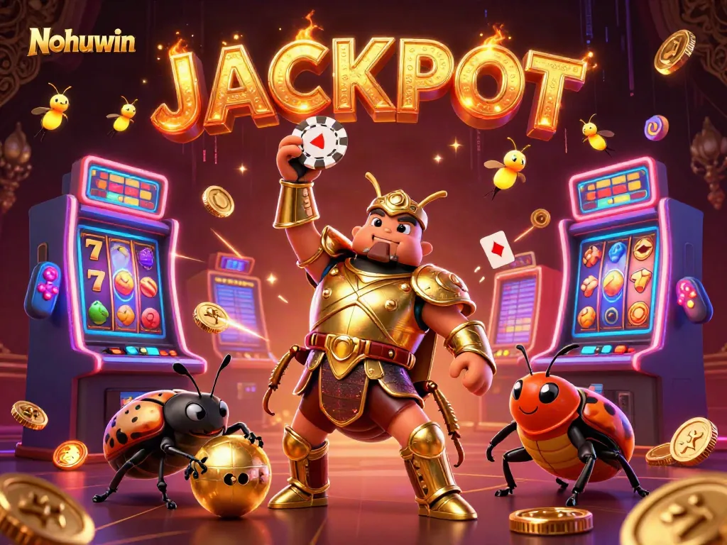 Nohuwin showcases a victorious Hercules beetle with poker chips amidst vibrant slot machines.