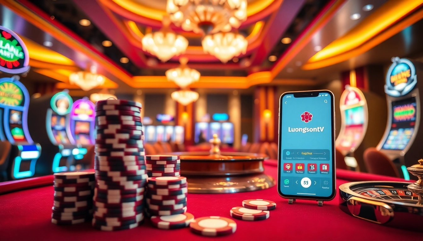Interactive luongsontv online gambling scene showcasing poker chips and slot machines.