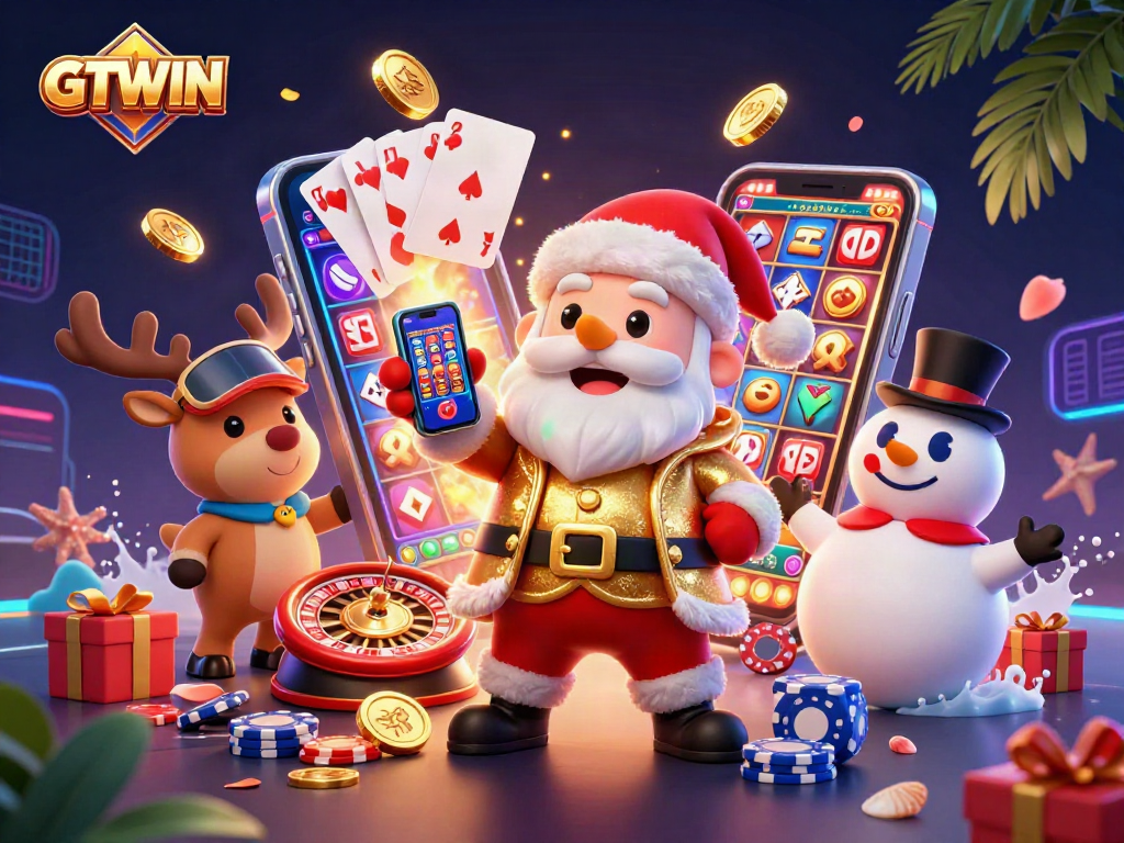 Spin slots and win at GTWIN with Santa and his reindeer dealer in a vibrant casino scene!