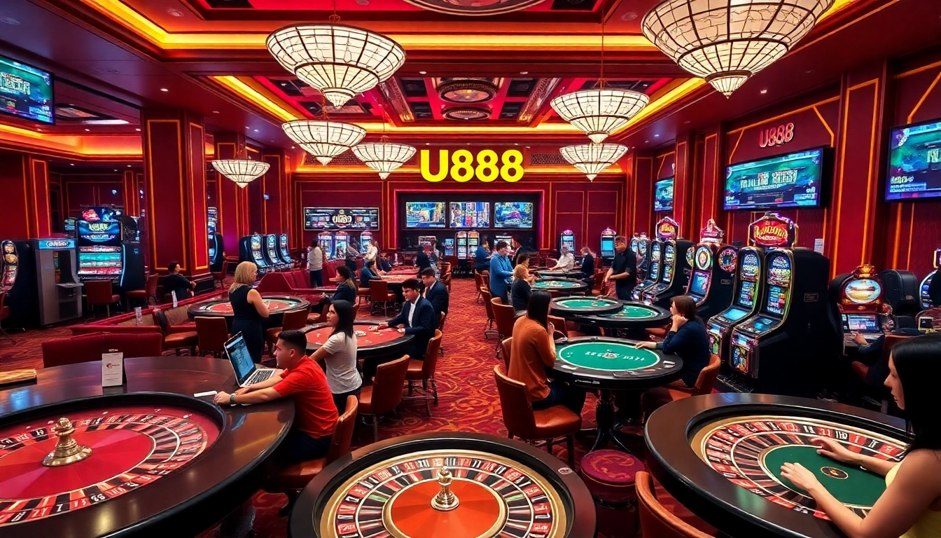 Experience the excitement of U888 with players engaging at dynamic casino tables and slot machines.