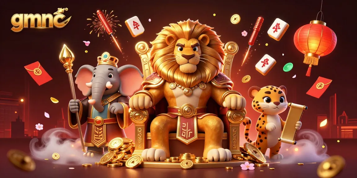 Experience gmnc with a vibrant 3D illustration featuring a lion king and gambling elements.