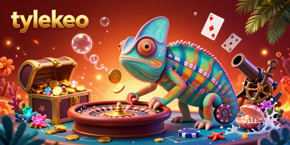 Experience the vibrant gambling energy at tylekeo with a colorful chameleon casino owner grabbing gold coins.